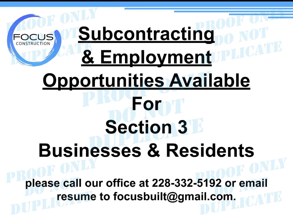 Subcontracting & Employment Opportunities Available for Section 3 Businesses & Residents